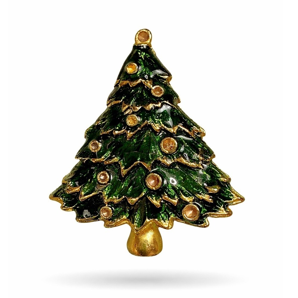 Vintage Green Enamel Christmas Tree Brooch Gold Tone Holiday Festive Pin 2 Inch